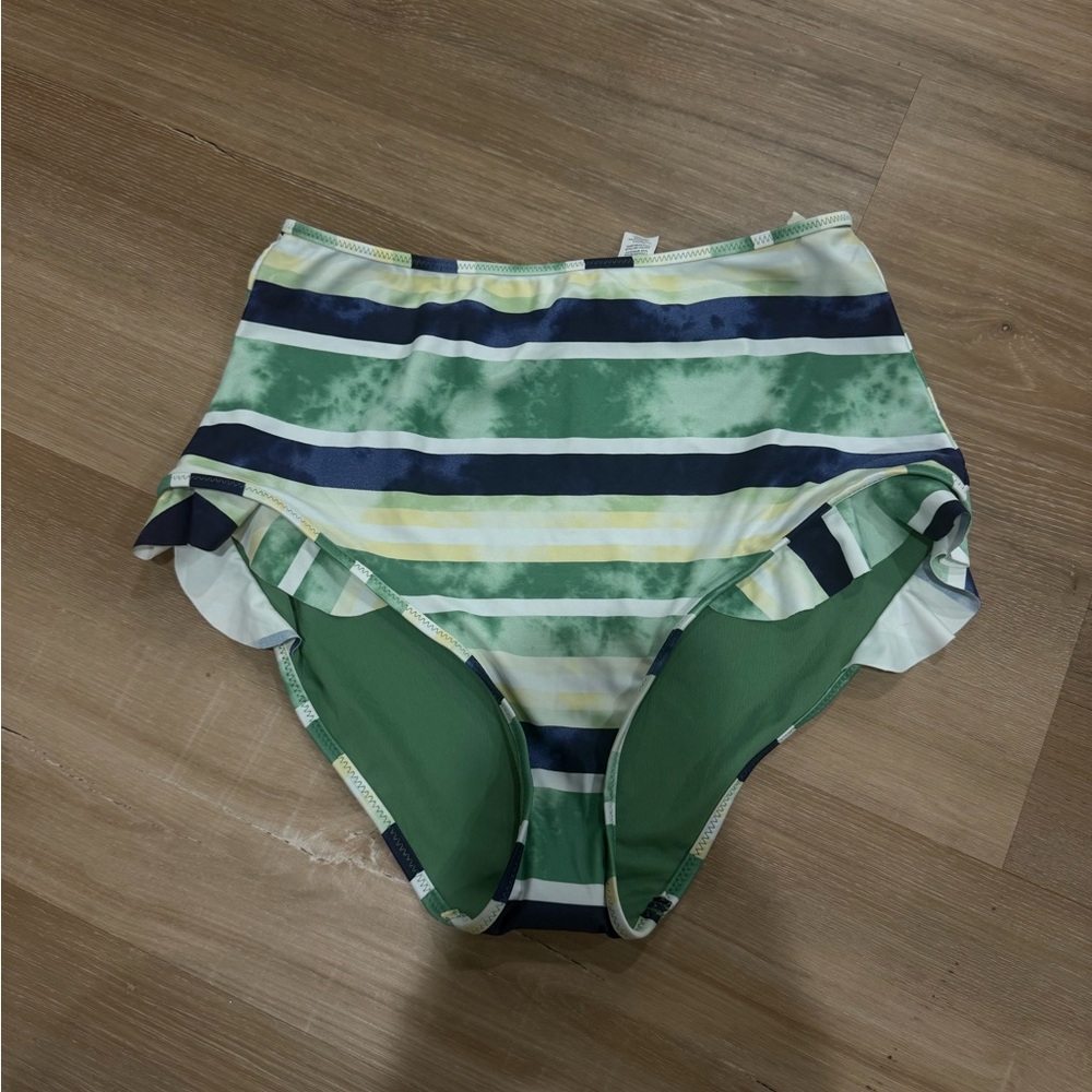 Aerie Striped Bikini Bottom in Green and Navy - Highwaisted